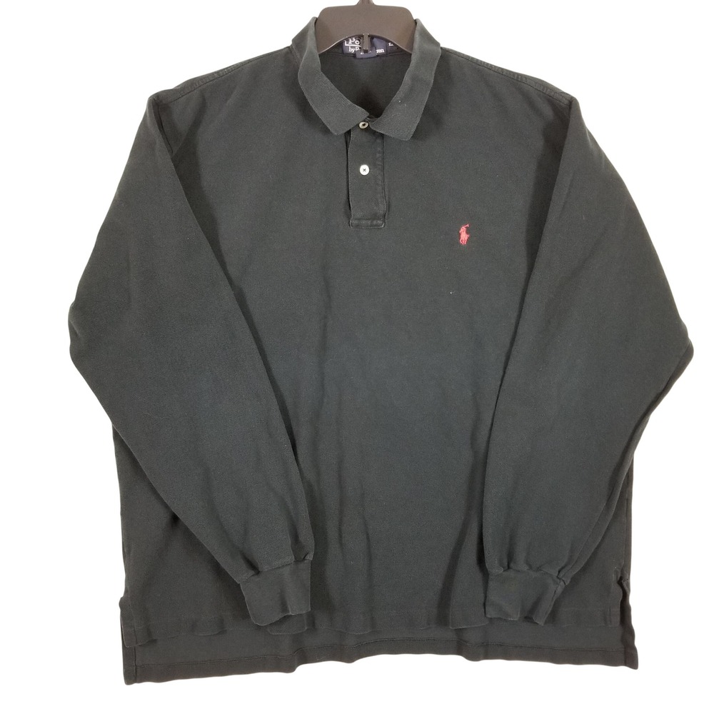 Polo Ralph Lauren Mens XXL Long Sleeve Polo Shirt Black Cotton Pique Red Pony
